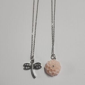 Silver Tone Necklace Bundle Flower and Dragonfly 16.5" Necklaces with Extender